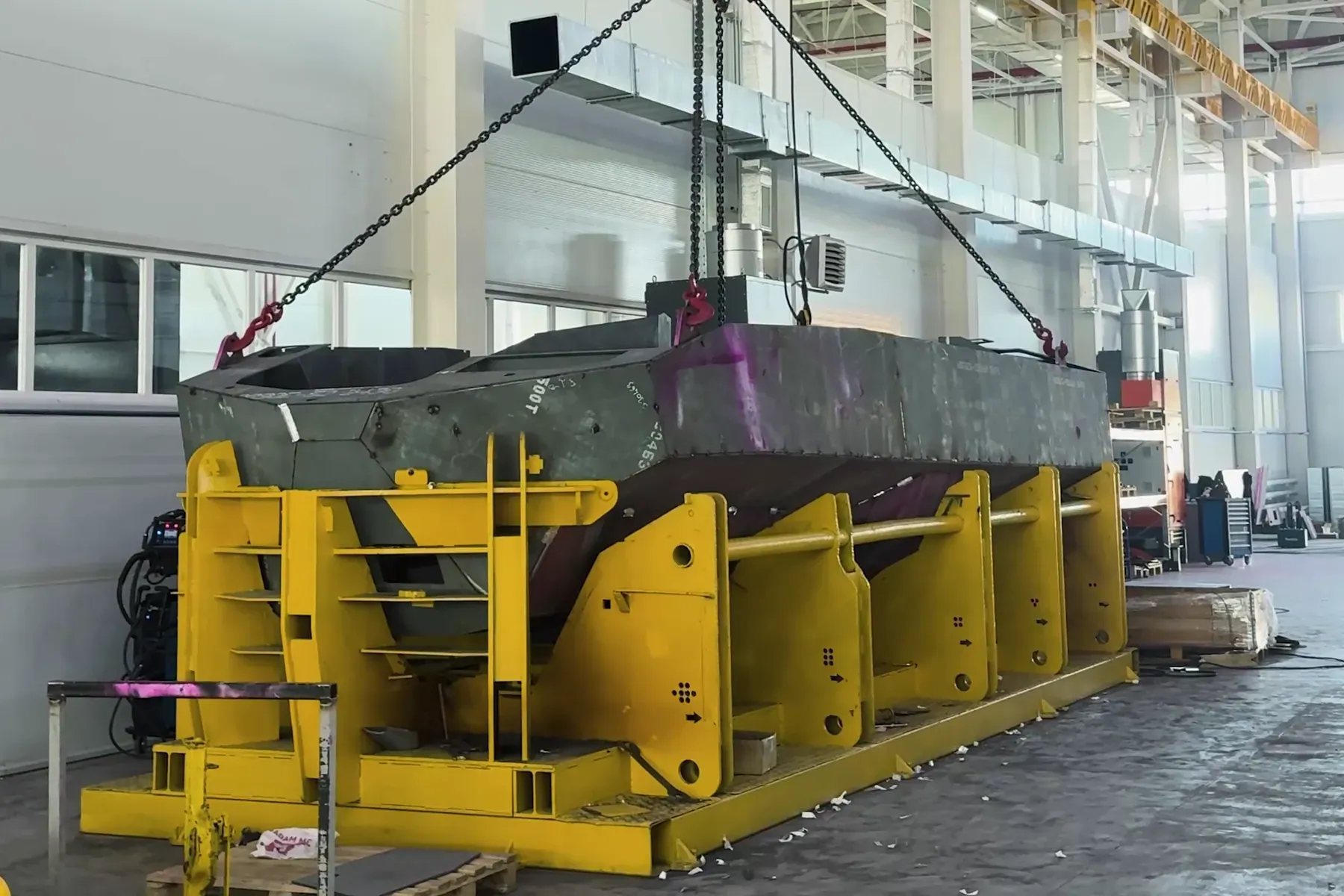 Armoured hull on a welding jig
