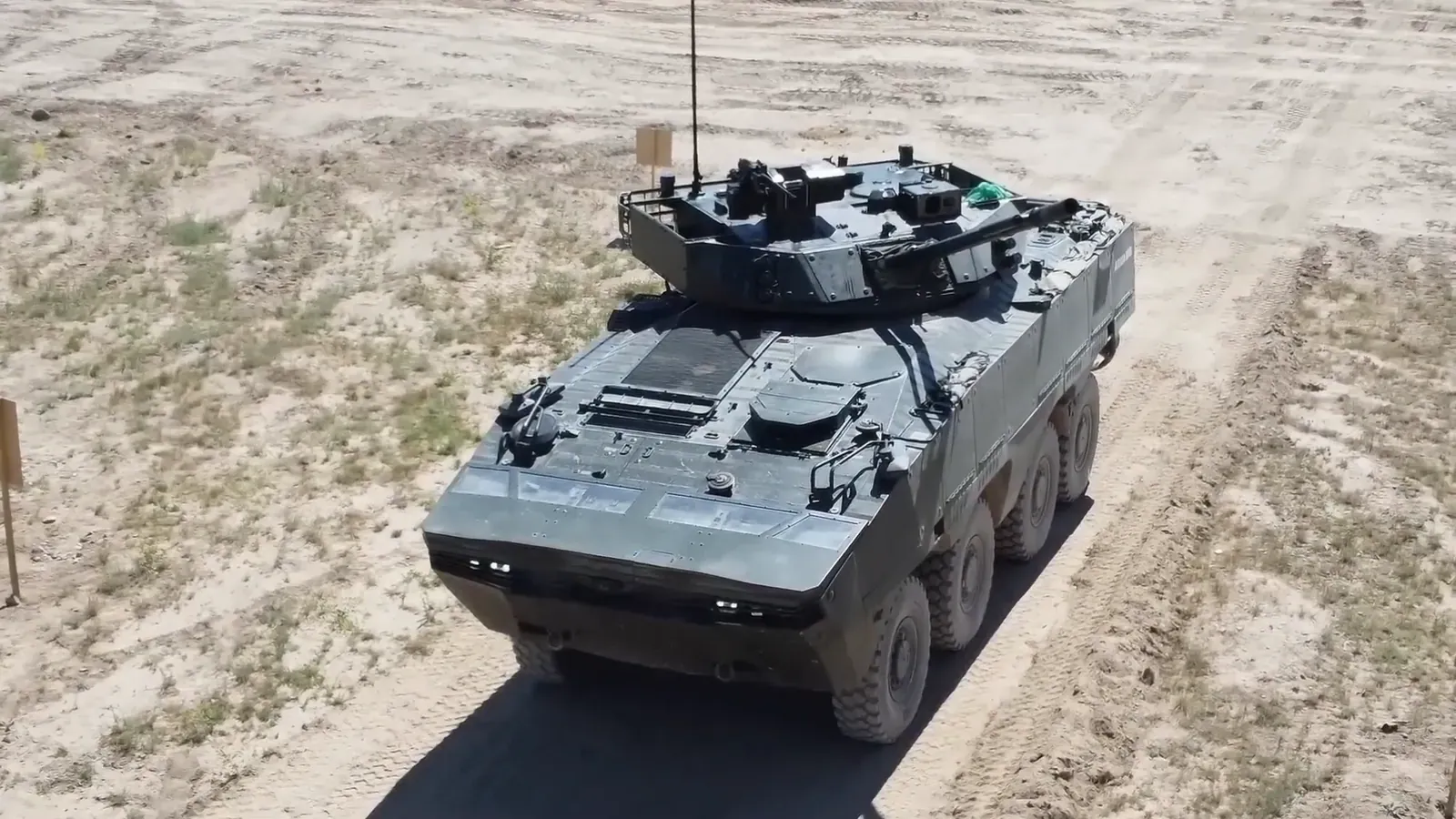 Top view of TAIMAS 8×8 on a test range road
